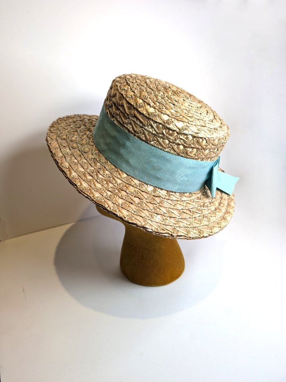 Vintage straw hat with green grosgrain bow